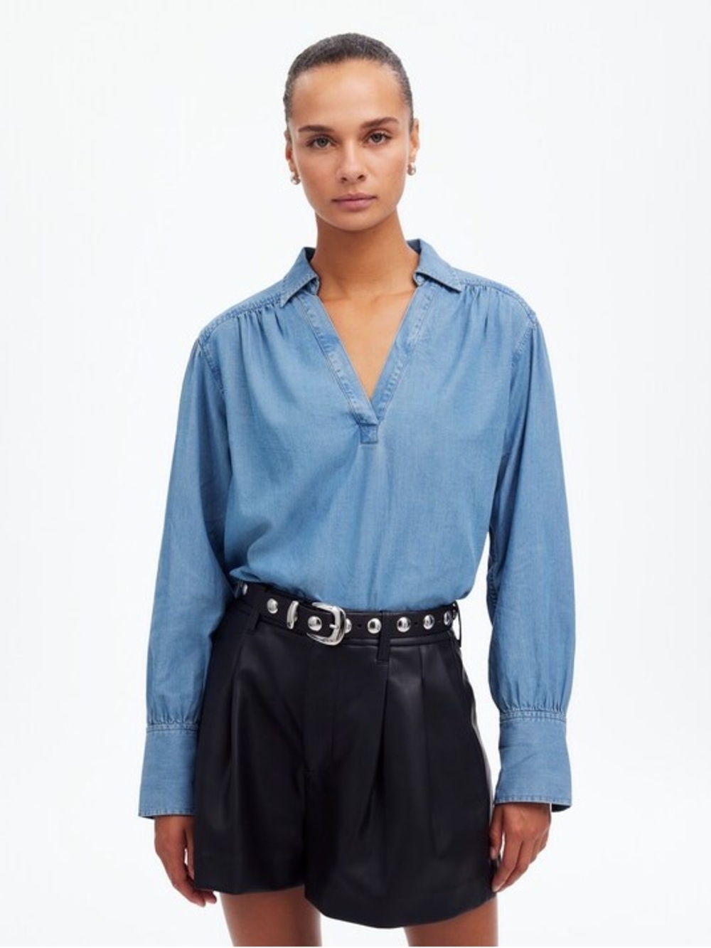 Madewell Chambray Easy Y-Neck Button-Up Shirt in Ritch Wash XXS NWT